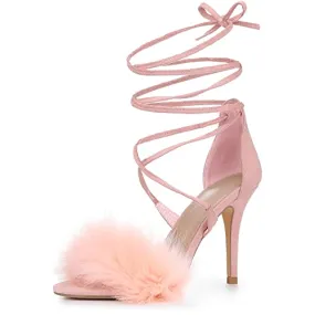 Allegra K Women's Faux Fur Stiletto Heel Pink Lace Up Heels Sandals 7.5 M US