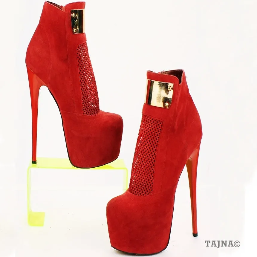 Ankle Red Faux Suede Fishnet High Platform Booties