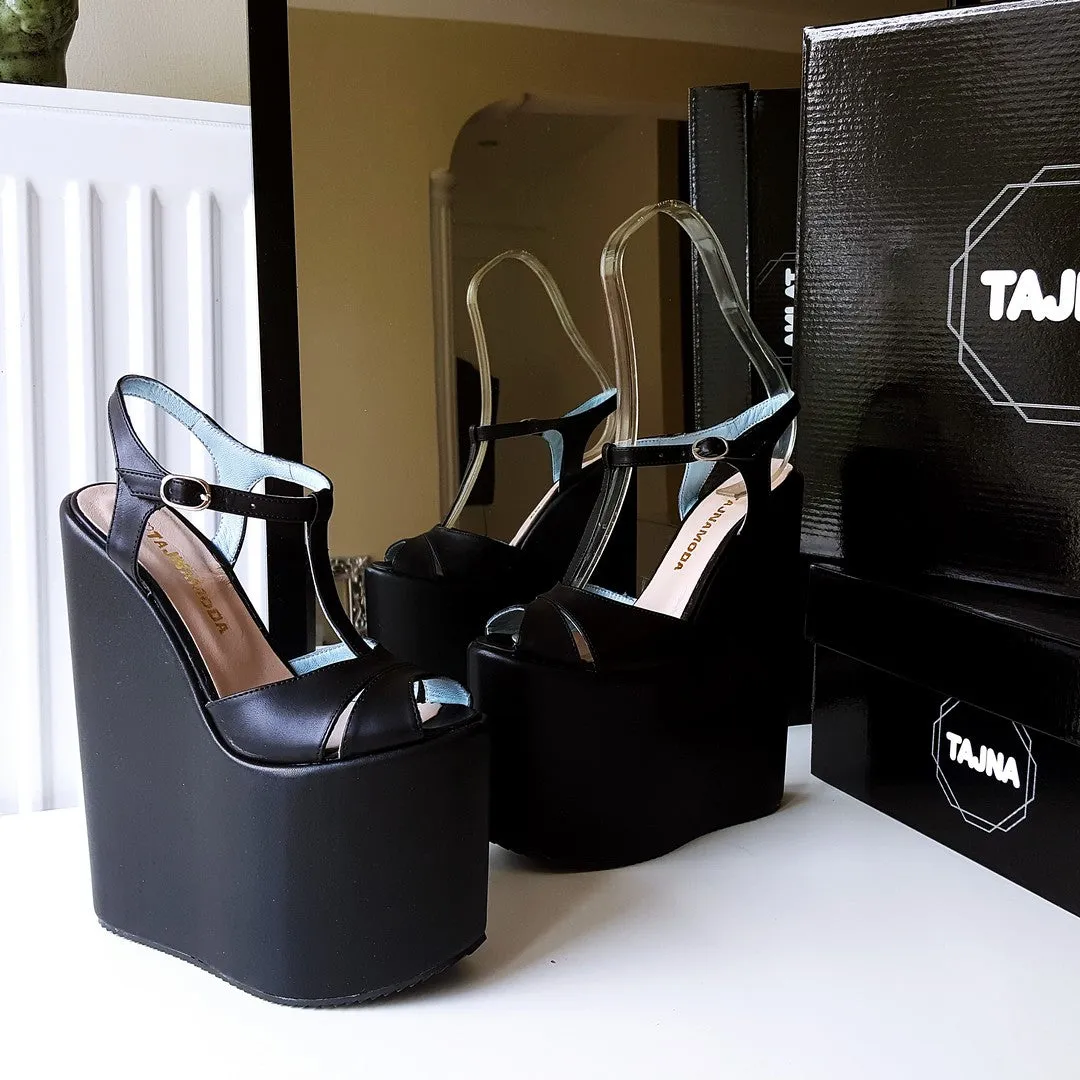 Ankle Strap Black Peep Toe High Heel Wedge Platform Sandals