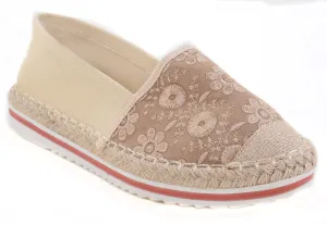 Beige Stitched Flower Canvas Cap Toe Stripes Espadrille Skimmer Loafer Flat