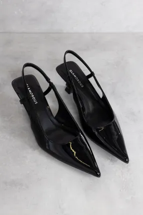 Black Patent Sling-back Flared Mid Heels