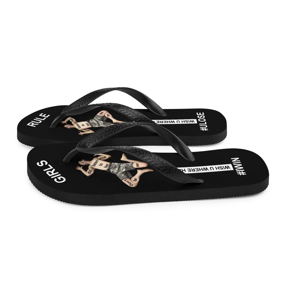 GIRLS RULE flip flops with CRUSHED TINY MAN underfoot black fabric NEW (2020-05-10)