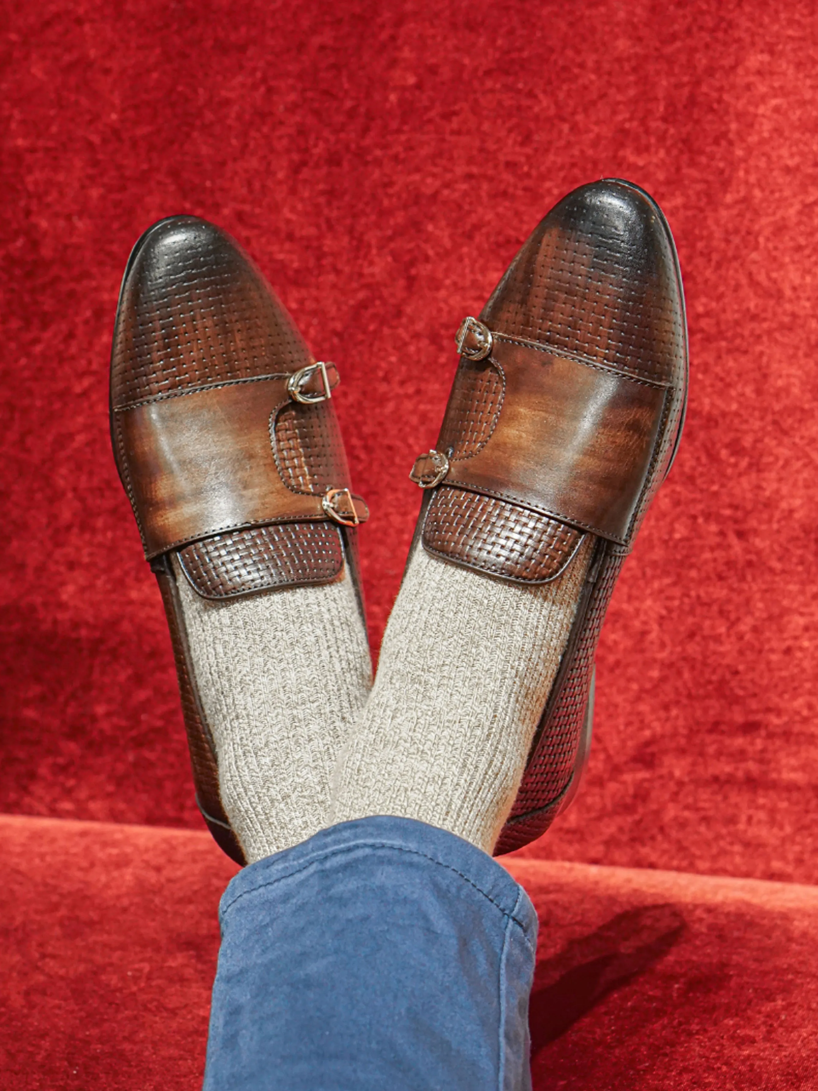 Loafer Slipper - Dark Brown Double Monk Strap with Woven Leather (Hand Painted Patina)