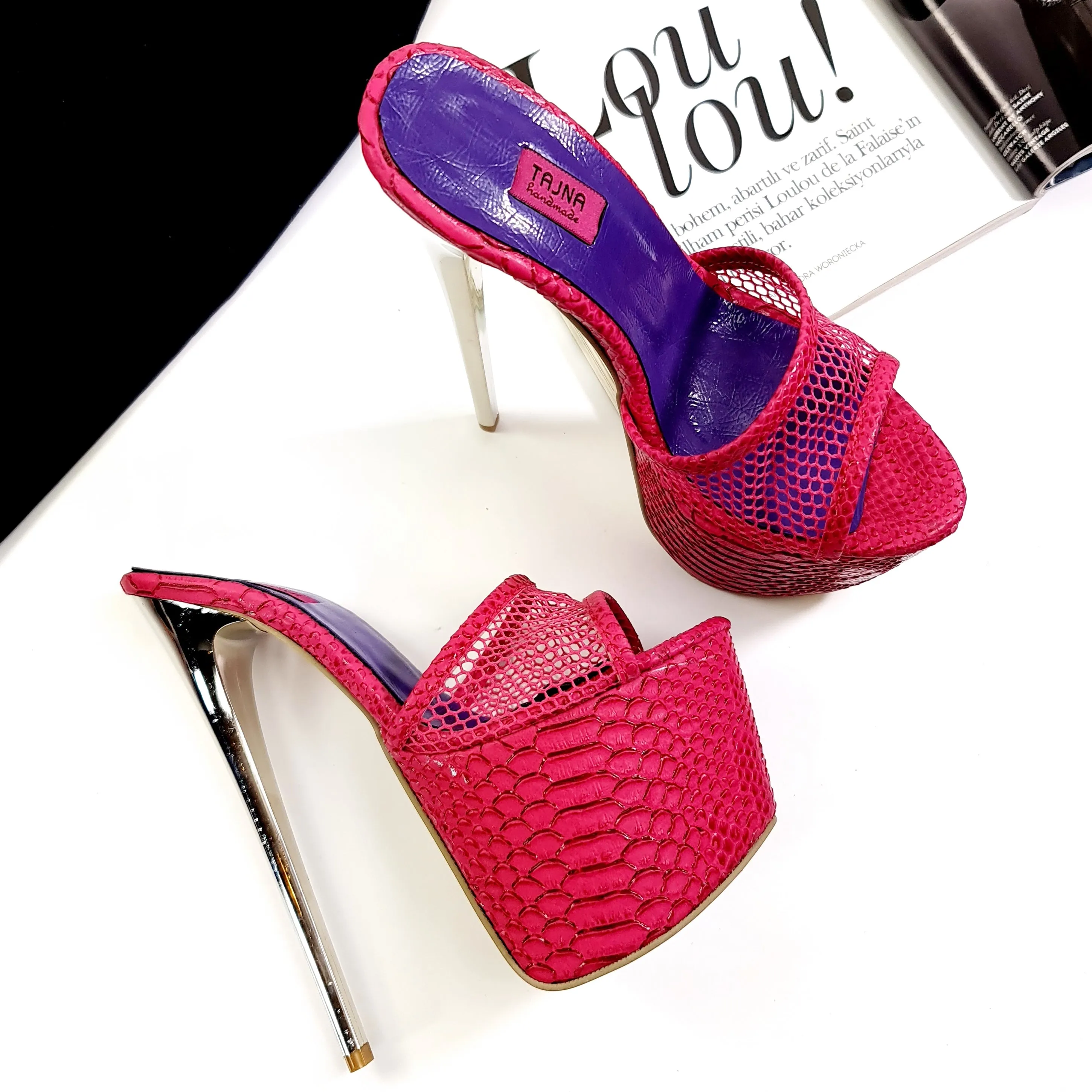 Pink Croco Fishnet Metallic High Heel Mules