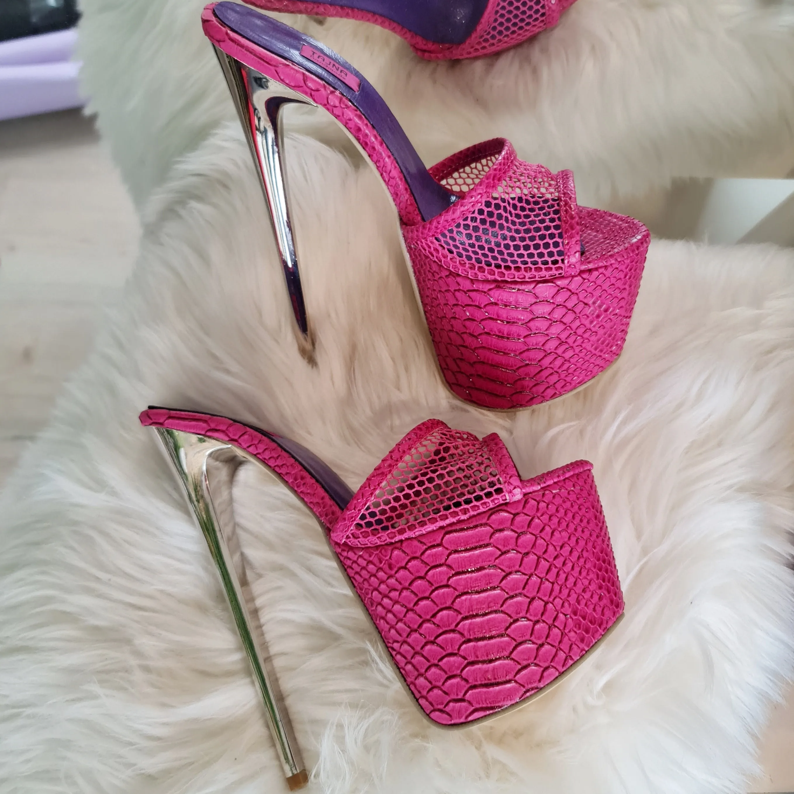 Pink Croco Fishnet Metallic High Heel Mules