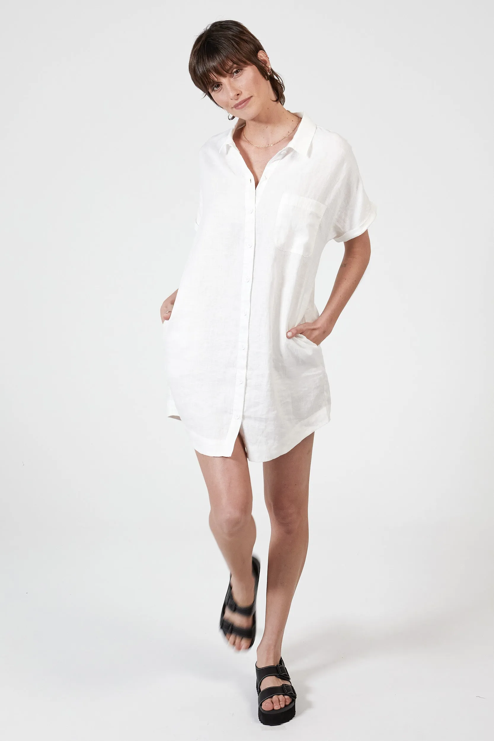 RAYLEIGH LINEN SHIRT DRESS - WHITE