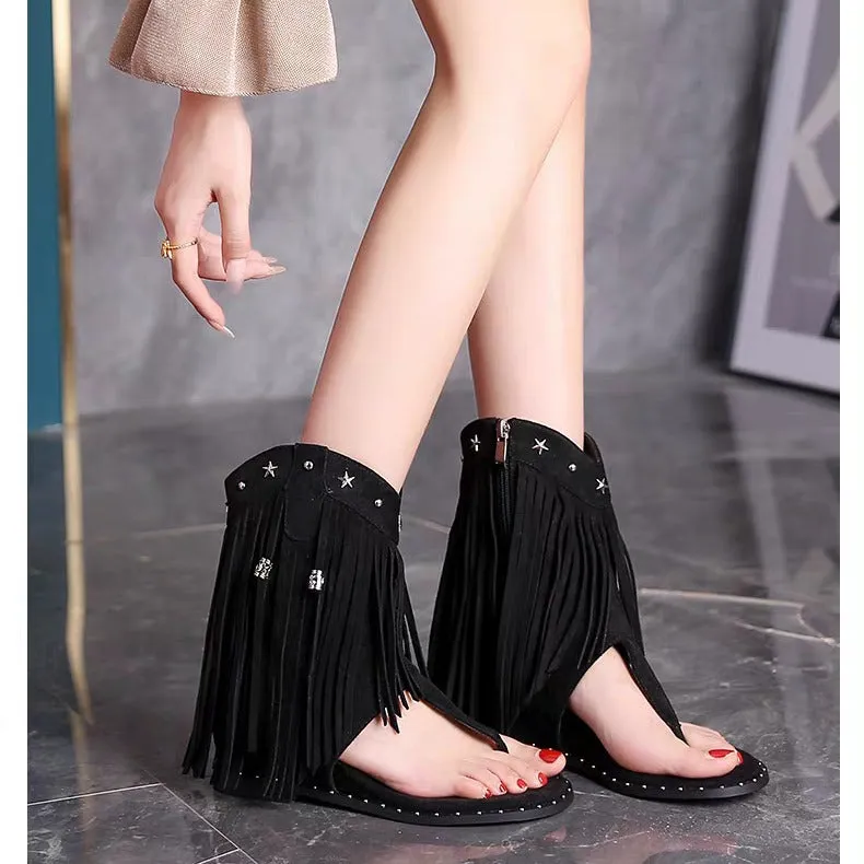 Summer New Fashion Trending Suede Ankle Boots Tassel Flip-Flops Open Toe Side Zipper Height Increasing Insole Roman Sandals