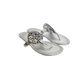 Tory Burch Silver Leather Embellished 'Miller' Sandals | Brand New |