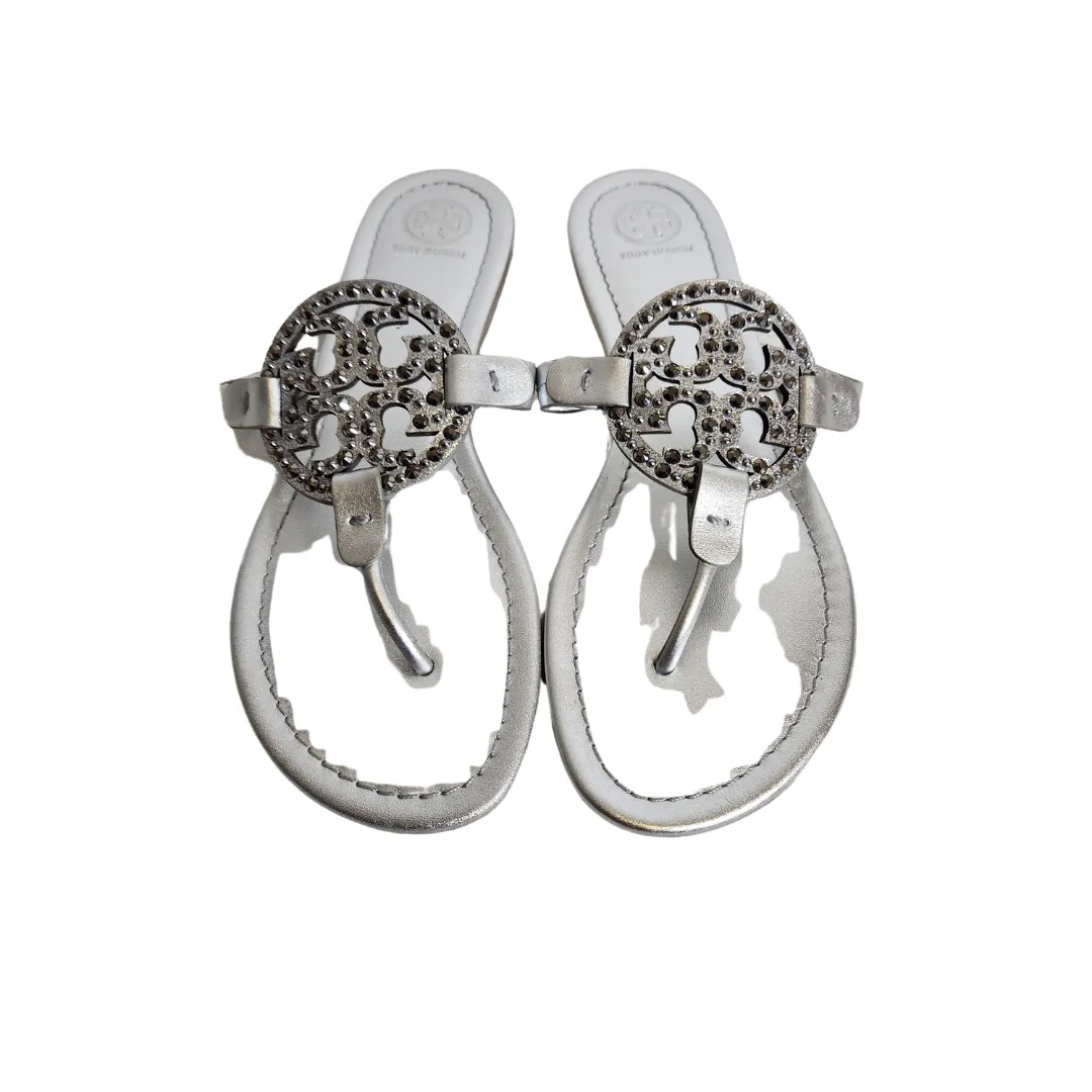 Tory Burch Silver Leather Embellished 'Miller' Sandals | Brand New |