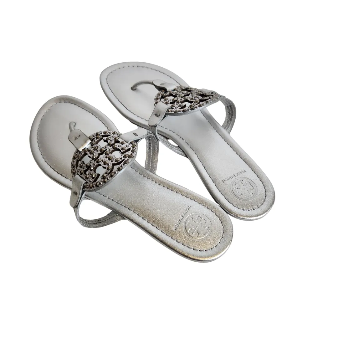 Tory Burch Silver Leather Embellished 'Miller' Sandals | Brand New |