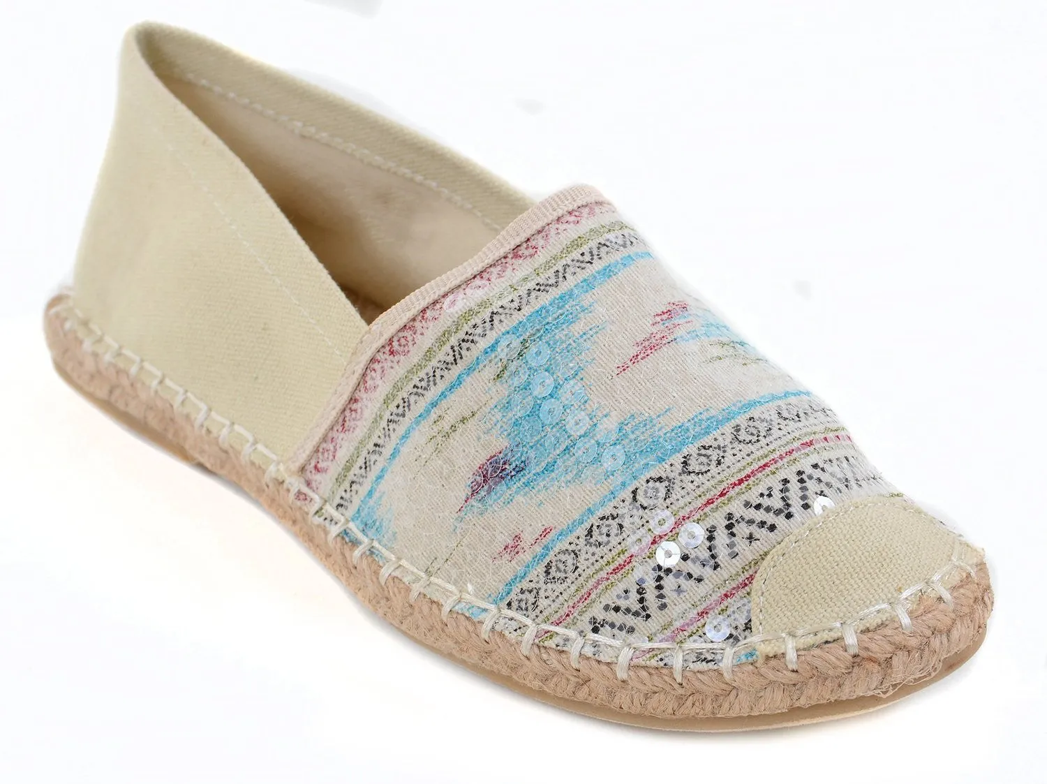 Tribal Sequin Canvas Cap Toe Stripes Espadrille Skimmer Loafer Flat