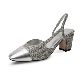 Two Tone Silver Toe Block Heel Slingback Sandals